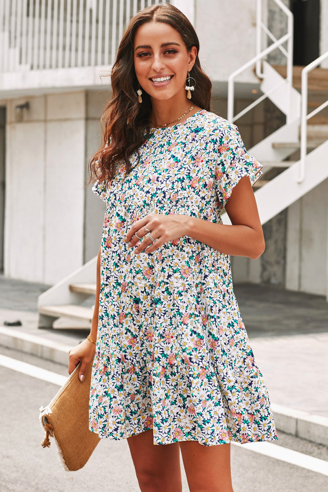 Multicolor Tiered Gathered Floral Print Short Dress