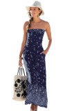 Blue Bohemian Bandeau Floral Print Maxi Dress