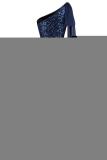 Blue Gradient One Shoulder Sequin Party Evening Dress