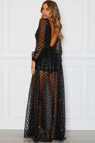 Black Glittering Checked Pattern Sheer Gown