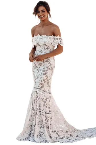 White Off Shoulder Ruffled Overlay Bridal Wedding Gown