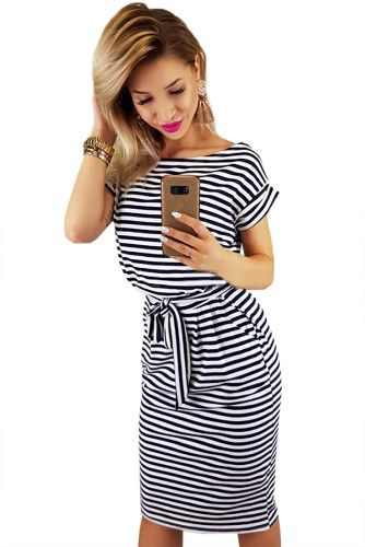Black Stripes Pocketed T-shirt Dress with Belt