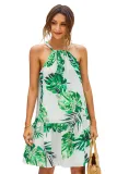 Leaf Print Drawstring Neck Sleeveless Short Dress