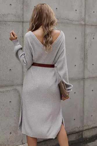 Gray Ribbed Midi Sweater Dress