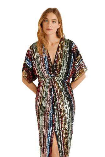 Multicolor Sequin Deep V Neck Tunic Dress