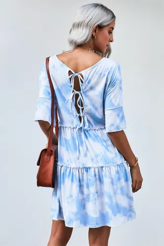 White Crew Neck Tie Dye Half Sleeve Dress