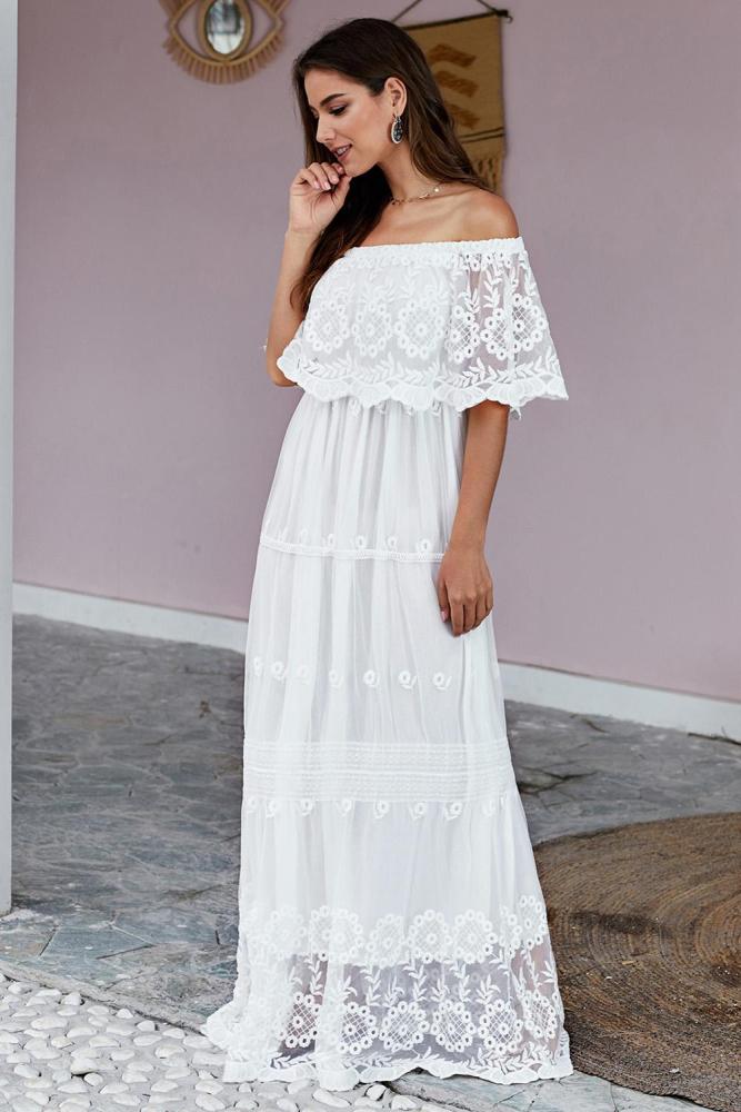Beige Flower Child Off The Shoulder Lace Maxi Dress