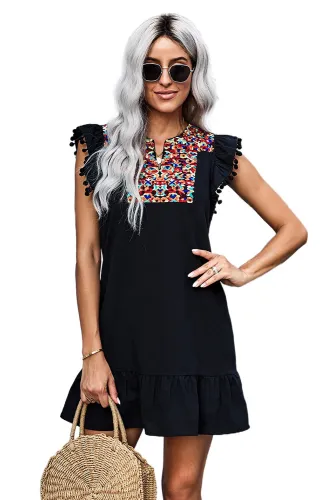 Black Boho Print Pompom Sleeve Shift Dress