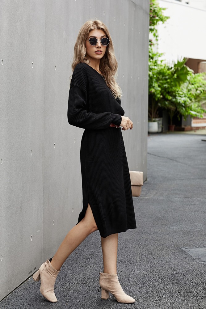 Black Ribbed Midi Sweater Dress