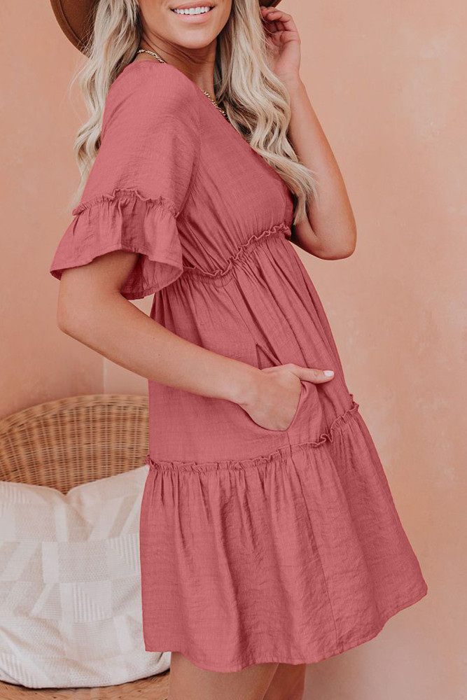 Salmon Red Pocketed Ruffle Tiered Dress