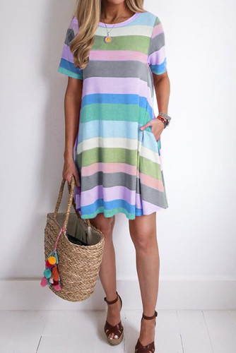 Sky Blue Striped Color Block Casual T-Shirt Dress