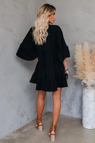 Black Cotton Tiered Babydoll Tunic Dress