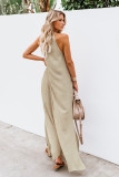 Apricot Crochet Detail Linen Sleeveless Maxi Dress with Slits
