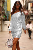 Slanted Shoulder Sequin Dress