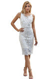 White Eyelash Lace Spaghetti Strap Midi Dress