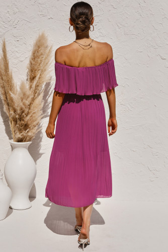 Purple Off-the-shoulder Pleated Tunic Chiffon Long Dress