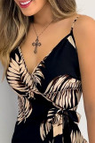 Black V Neck Leaf Print Mini Dress