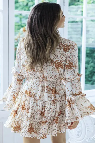 Beige Hollow Out Neck Ruffled Layered Tiered Floral Print Mini Dress