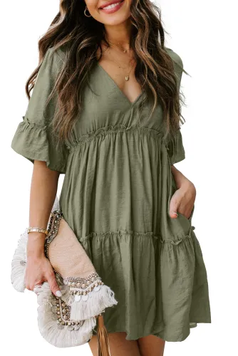 Army Green Pocketed Ruffle Tiered Dress