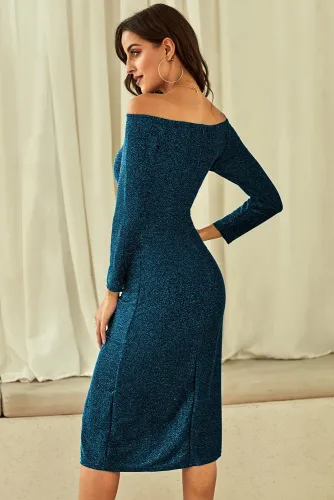 Blue Metallic Glitter Off Shoulder Formal Dress