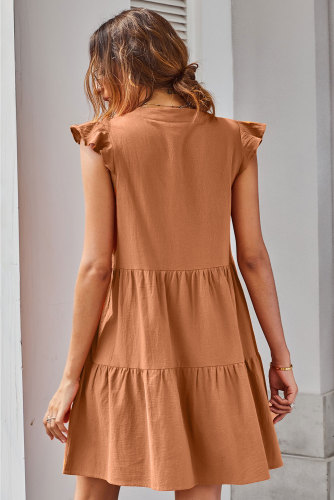 Brown Short Ruffled Sleeve V Neck Tiered Gathered Dress