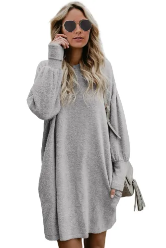 Gray Autumn Winter Long Lantern Sleeve Knitted Sweatshirt Dress