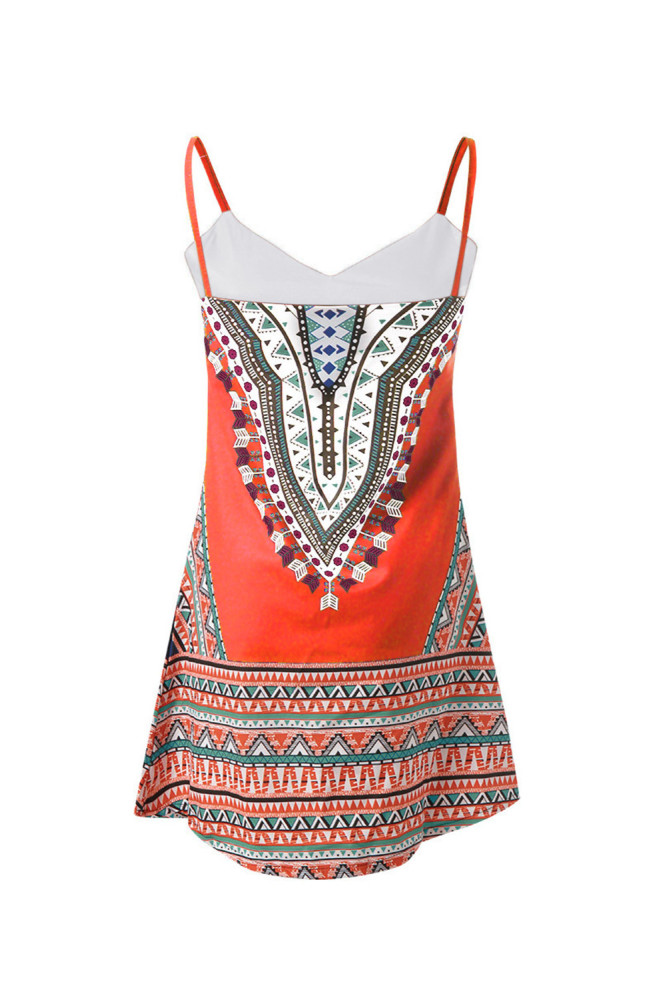 Orange Boho Aztec Print Sleeveless Sundress