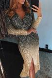 Black Ombre Sequin Wrapped Ruched Irregular Dress