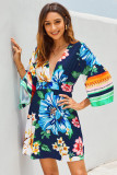 Multicolor V Neck Bell Sleeve Floral Short Dress