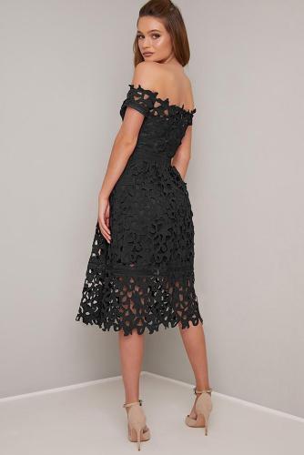 Black Off Shoulder Short Sleeve Crochet Party Dress