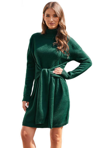 Green Long Sleeve Tie Waist Turtleneck Pullover Sweater Dress