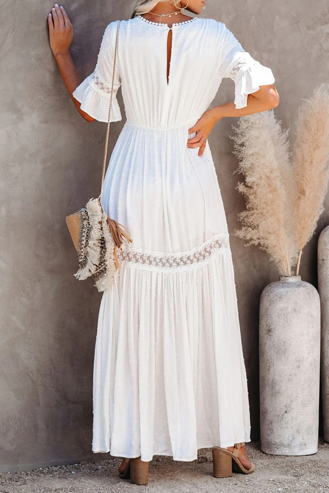 Swiss Dot Lace Trim Maxi Dress
