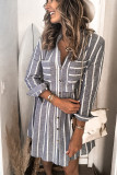 Gray Contrast Striped Buttoned Shirt Dress