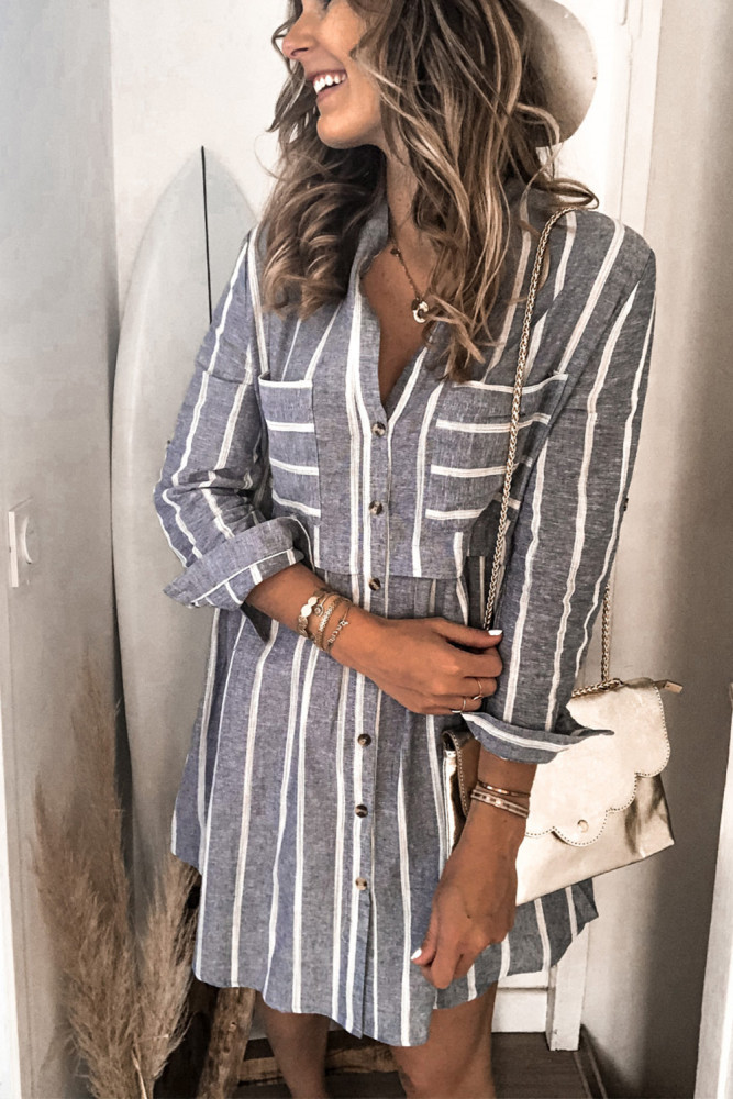 Gray Contrast Striped Buttoned Shirt Dress