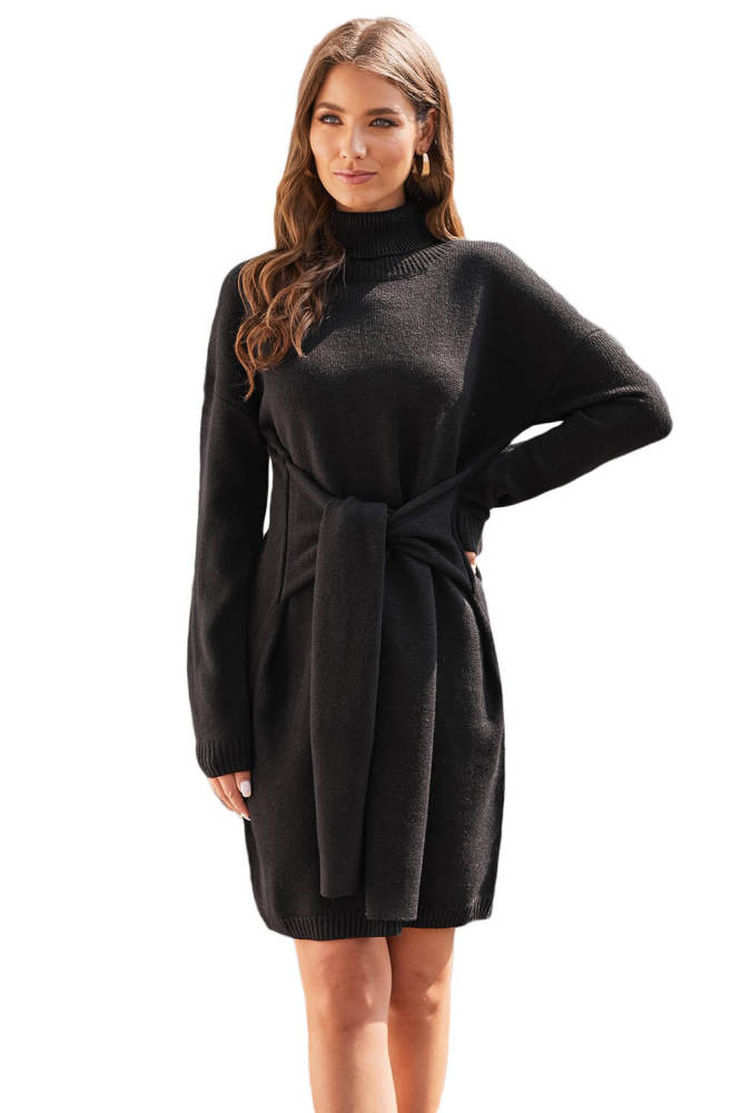 Black Long Sleeve Tie Waist Turtleneck Pullover Sweater Dress