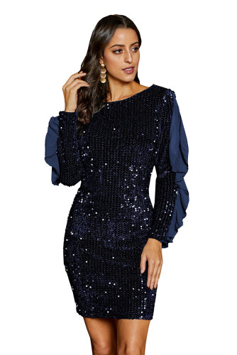 Sequin Frilled Long Sleeve Knee Length Dress