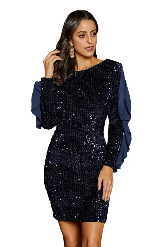 Sequin Frilled Long Sleeve Knee Length Dress