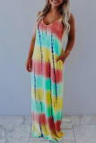 Yellow Tie-dye Print V Neck Spaghetti Straps Maxi Dress