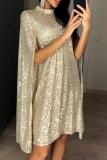 Apricot Glitter Mock Neck Cape Design Sequins Dress