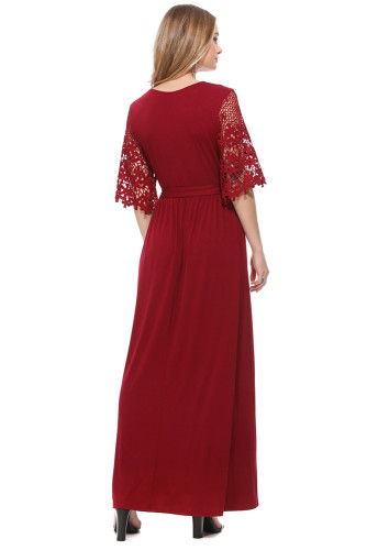Red Floral Lace Half Sleeve Wrap V Neck Party Long Maxi Dress