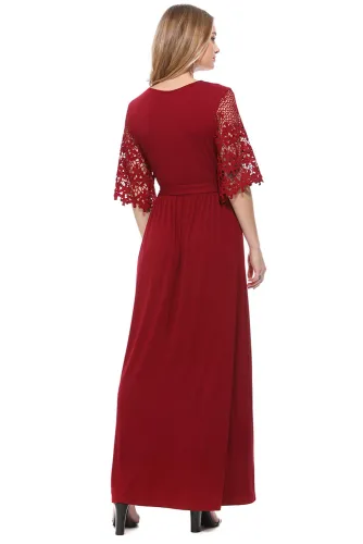 Red Floral Lace Half Sleeve Wrap V Neck Party Long Maxi Dress