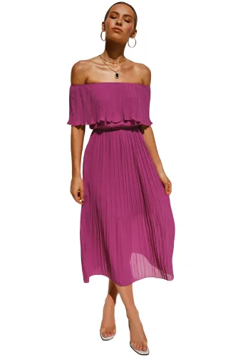 Purple Off-the-shoulder Pleated Tunic Chiffon Long Dress