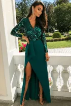 Green Long Sleeve V Neck Wrapped Sequin Bodice Long Party Dress