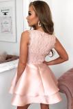 Pink Scalloped V Neck Double-layer Skater Mini Dress