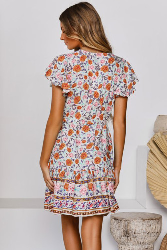 Multicolor Deep V High Waist Tie Short Ruffle Sleeve Mini Dress