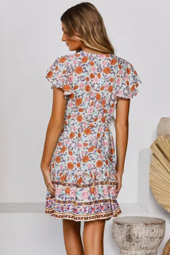 Multicolor Deep V High Waist Tie Short Ruffle Sleeve Mini Dress