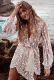 Apricot Sequin Surpliced Wrap Deep V Neck Party Mini Dress
