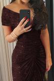 Red Glitter Off Shoulder Ruched Slit Party Dress