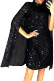 Black Glitter Mock Neck Cape Design Sequins Dress
