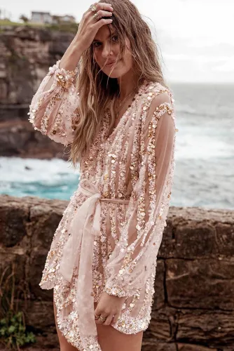 Gold Sequin Surpliced Wrap Deep V Neck Party Mini Dress